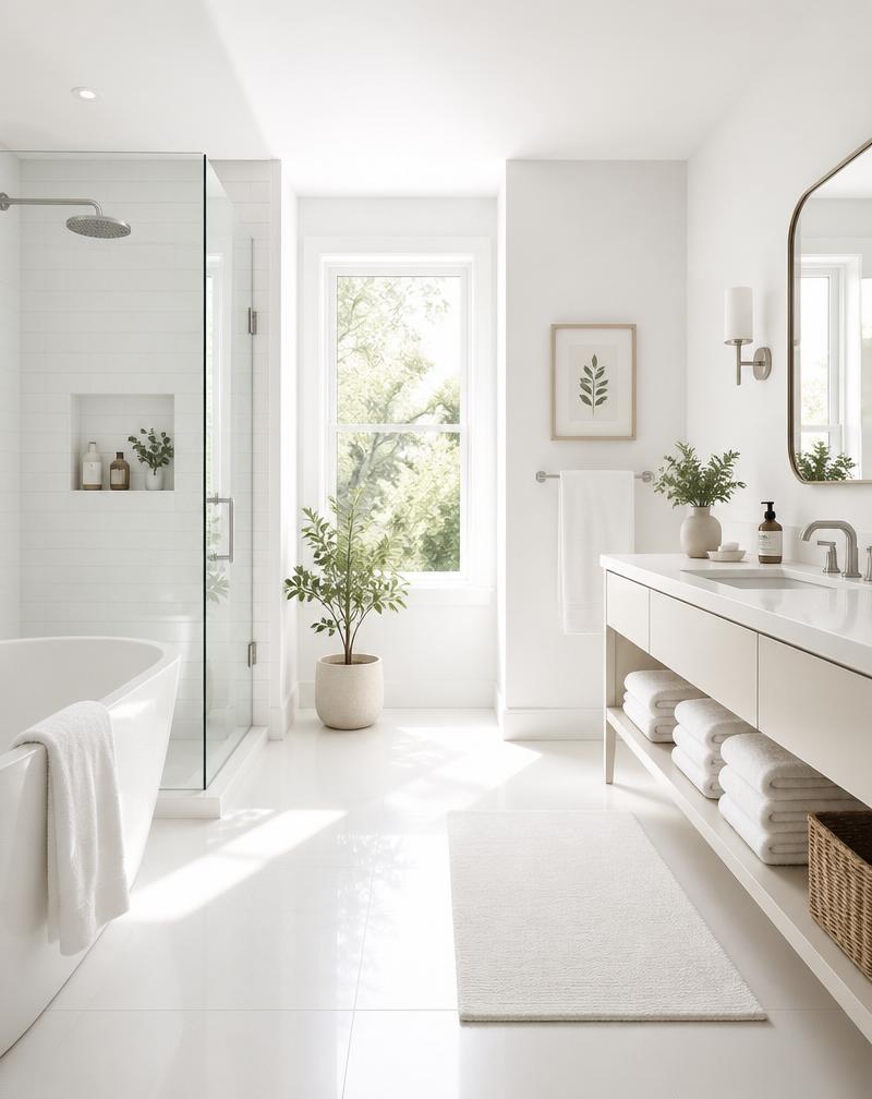Minimalist white bathroom with neatly folded towels