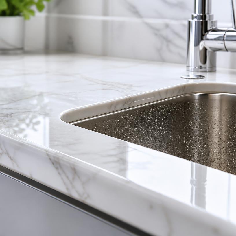 Sparkling clean kitchen sink and marble countertop